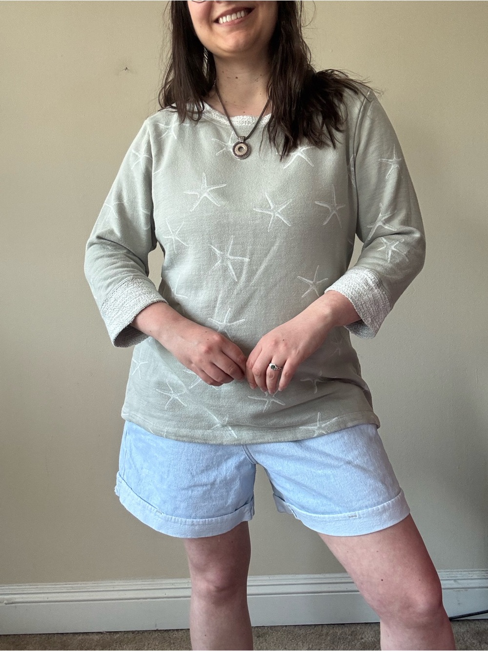 fresh produce Light Sage Star-Embroidered Long Sleeve Top
